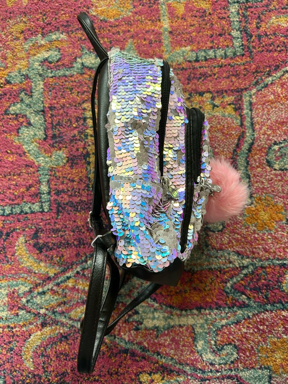 Justice | Girls Iridescent Sequin Mini Backpack with Pink Pom Pom and Letter L